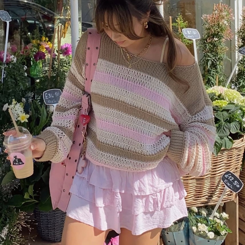 Y2K Neapolitan Stripe Off Shoulder Knit Sweater 🎀 - Picture 3 of 8